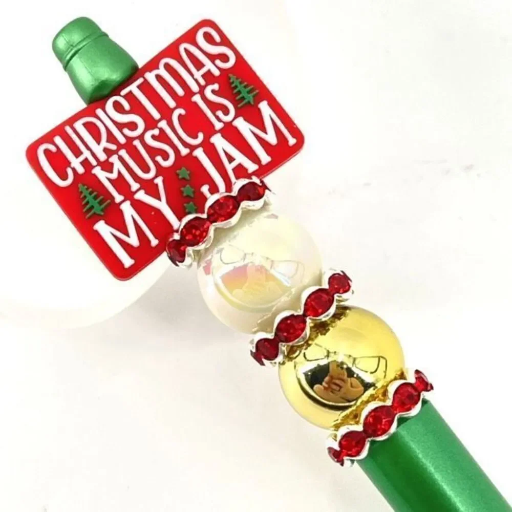 Christmas music is my jam handmade pen NEW beads rhinestone bling red white gree